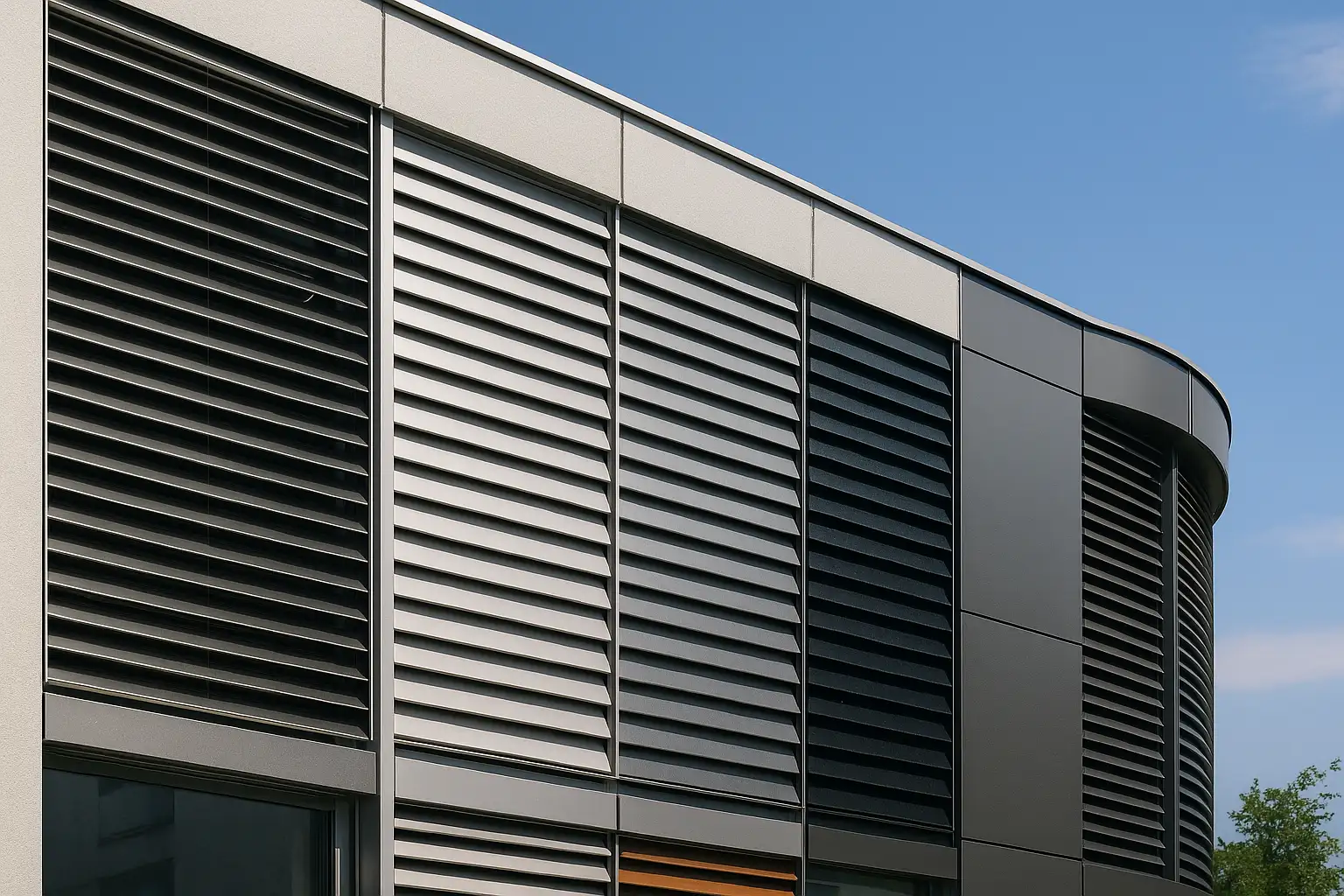 Aluminium Lamellen Fassade Übersicht mit eloxierten und pulverbeschichteten Profilen, horizontale Sonnenschutzlamellen, große Spannweiten, korrosionsbeständig, UV-beständig, Wärme- und Lichtmanagement, moderne Architektur