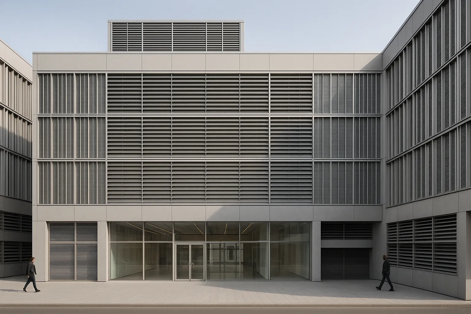 Alu Lamellen Fassade Übersicht mit horizontalen und vertikalen Sonnenschutz Lamellen, Lichtlenkung, Blendfreiheit, homogene Ansichtsflächen, Technikzentrale und Parkhaus mit belüfteten Lamellen und Tropfkanten, Innenraum mit Lamellen Sichtschutz und akustischer Absorption