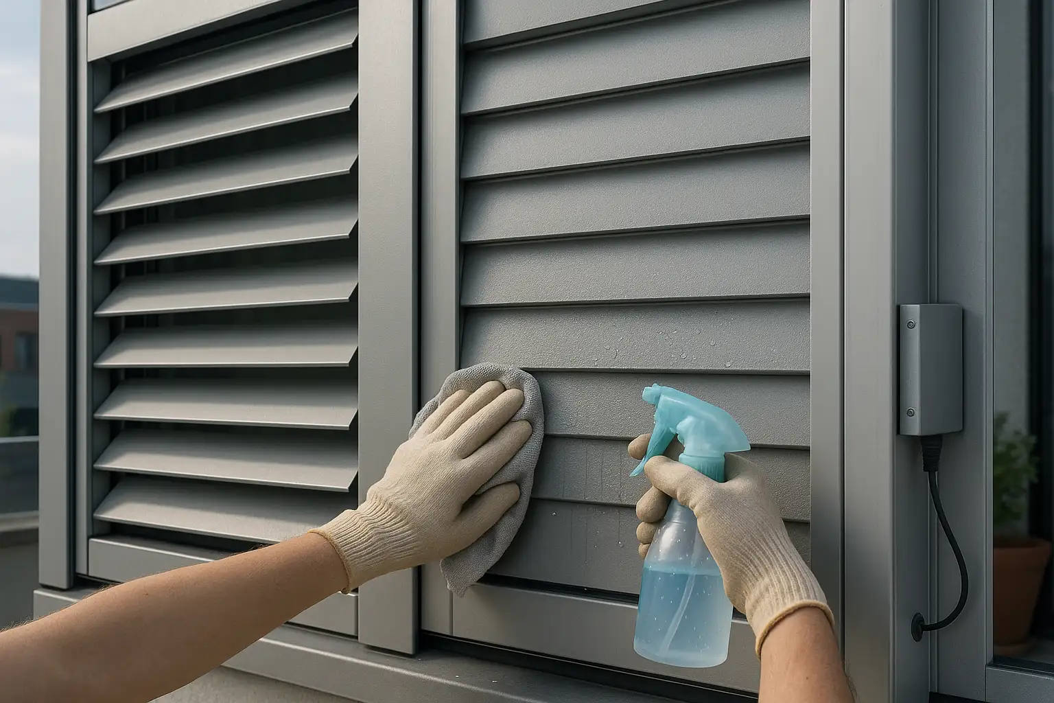 Alu-Lamellen an moderner Fassade mit verdeckten Befestigungen, Einrastsystem, verstellbarem Antrieb in abgedichtetem Gehäuse, zugänglicher Kabelführung, Reinigung mit Wasser, gleichmäßige Fugen, Luftdurchlass und Regenschutz