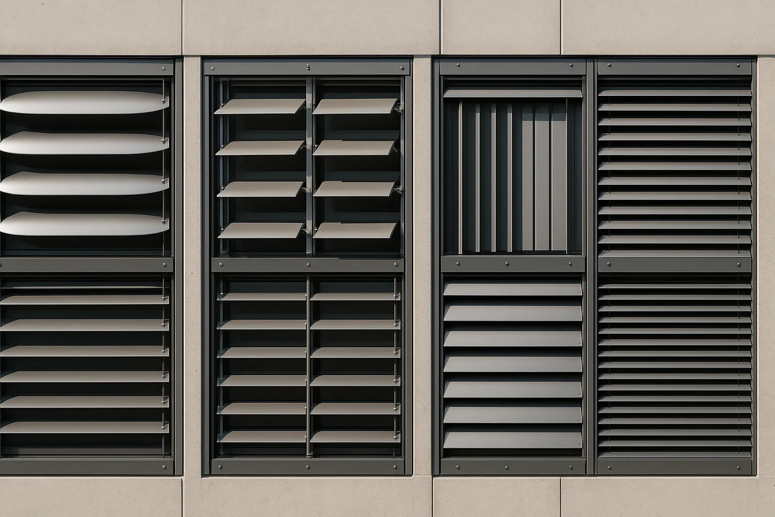 Aluminium Lamellen Übersicht mit elliptischen, linsenförmigen, Z-, C- und rechteckigen Profilen; feststehende und verstellbare Systeme; horizontale und vertikale Orientierung; variabler Rastersprung; Befestigung an Rahmen, Tragprofilen und Schienen; Sonnenschutz und Sichtschutz